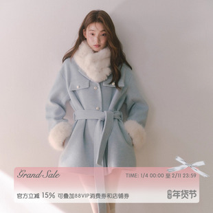 RECIT 冰岛蓝可拆卸毛领含羊毛大衣女冬季收腰系带中长款毛呢外套