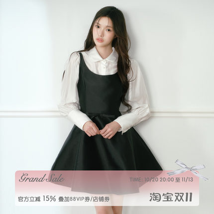 RECIT 黑色光泽感赫本吊带连衣裙女千金感无袖短裙A字收腰小黑裙