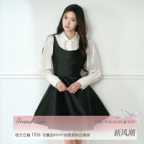RECIT 黑色光泽感赫本吊带连衣裙女千金感无袖短裙A字收腰小黑裙