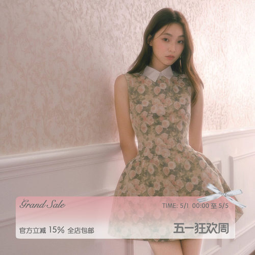 RECIT复古玫瑰油画蓬蓬连衣裙
