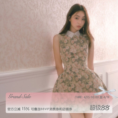 RECIT复古玫瑰油画蓬蓬连衣裙