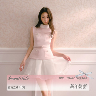 RECIT 粉色缎面撞色小高领假两件拼纱腰带收腰蓬蓬裙千金连衣裙