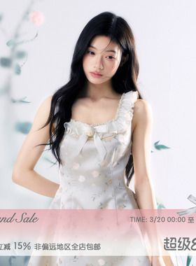 RECIT 清透油画提花小飞袖背心连衣裙女春夏立体玫瑰收腰背心短裙