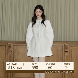 RECIT原创设计 白色重工羊腿袖毛呢外套女秋冬可拆卸毛领收腰大衣