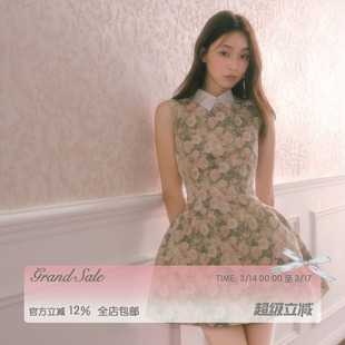 RECIT 玫瑰油画衬衫领无袖连衣裙女春夏千金风蓬蓬修身收腰背心裙