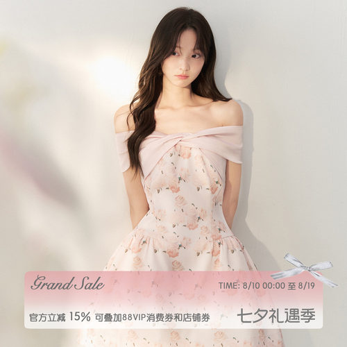 RECIT一字肩复古油画印花连衣裙