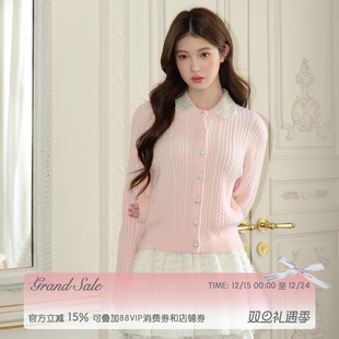 RECIT 冬 贝儿粉复古钩花手工钉钻娃娃领乖巧千金少女感针织开衫