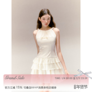 RECIT原创设计 缎面挂脖连衣裙立体珍珠三层蛋糕裙