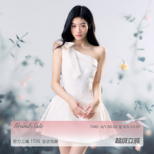 RECIT 连衣裙女春夏少女风花朵肌理设计感短裙 立体蝴蝶结斜肩无袖