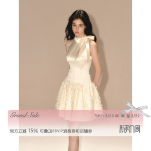 RECIT原创设计 蓬蓬裙 缎面蝴蝶结系带背心连衣裙女春夏小香风无袖