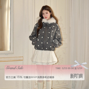 RECIT 灰色立体毛绒波点连帽毛领休闲少女风羊毛短款大衣短外套