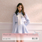 RECIT 雾蓝色韩系千金风缎面系带短外套高腰立体打褶蓬蓬裙套装