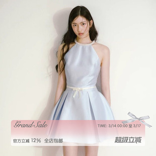 RECIT 光泽缎面珍珠挂脖连衣裙女春夏小众设计感收腰无袖蓬蓬短裙