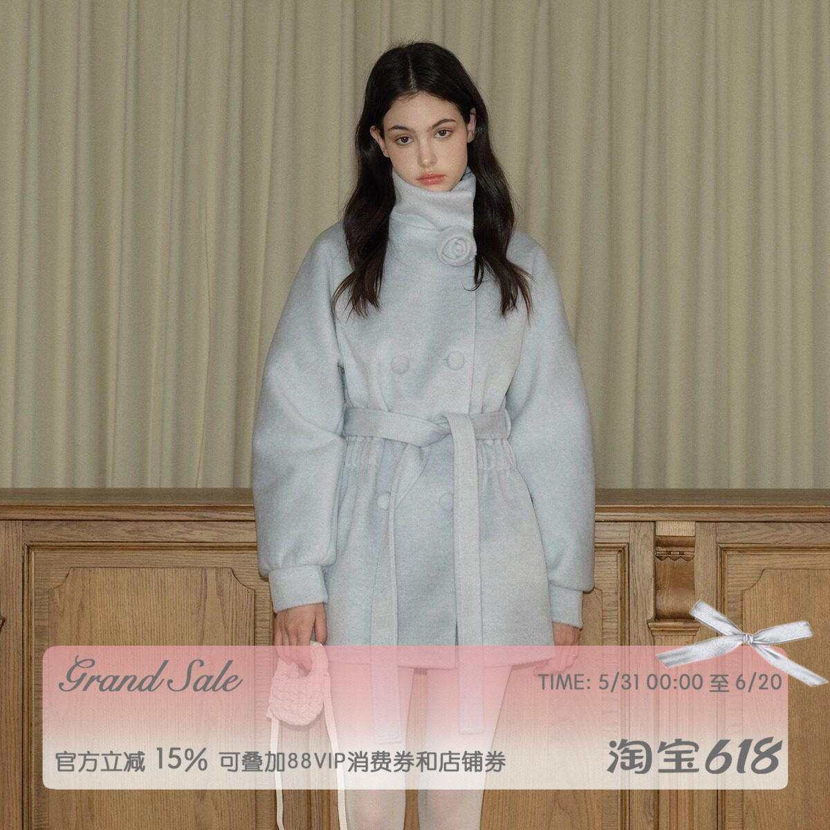RECIT 冰川蓝立体玫瑰含羊毛呢大衣女冬季收腰系带中短款毛呢外套
