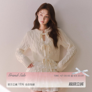 RECIT 女春装 手工珍珠领短款 毛衣外套 复古钩针系带蝴蝶结针织开衫