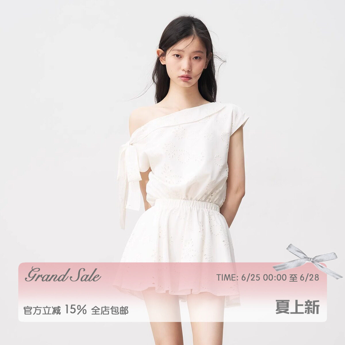 白色法式斜肩系带连衣裙