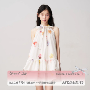 【任敏同款】RECIT 抽象花卉蝴蝶结系带挂脖连衣裙木耳边蓬蓬短裙