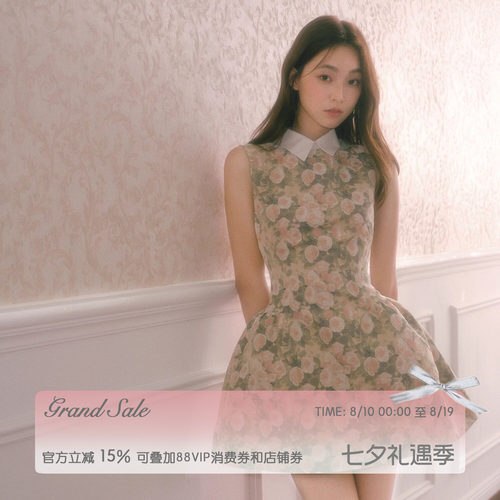 RECIT复古玫瑰油画蓬蓬连衣裙