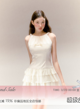 RECIT原创设计 缎面挂脖连衣裙女春夏立体珍珠三层蛋糕裙短裙子