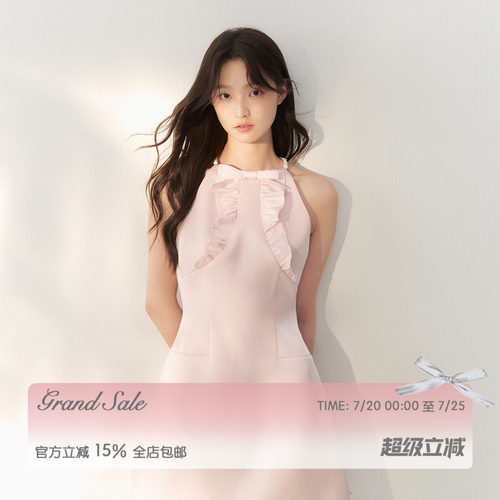 RECIT粉色缎面荷叶蝴蝶结连衣裙