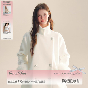 RECIT 白色富家千金含羊毛大衣女冬装宽松高级感立领短款毛呢外套