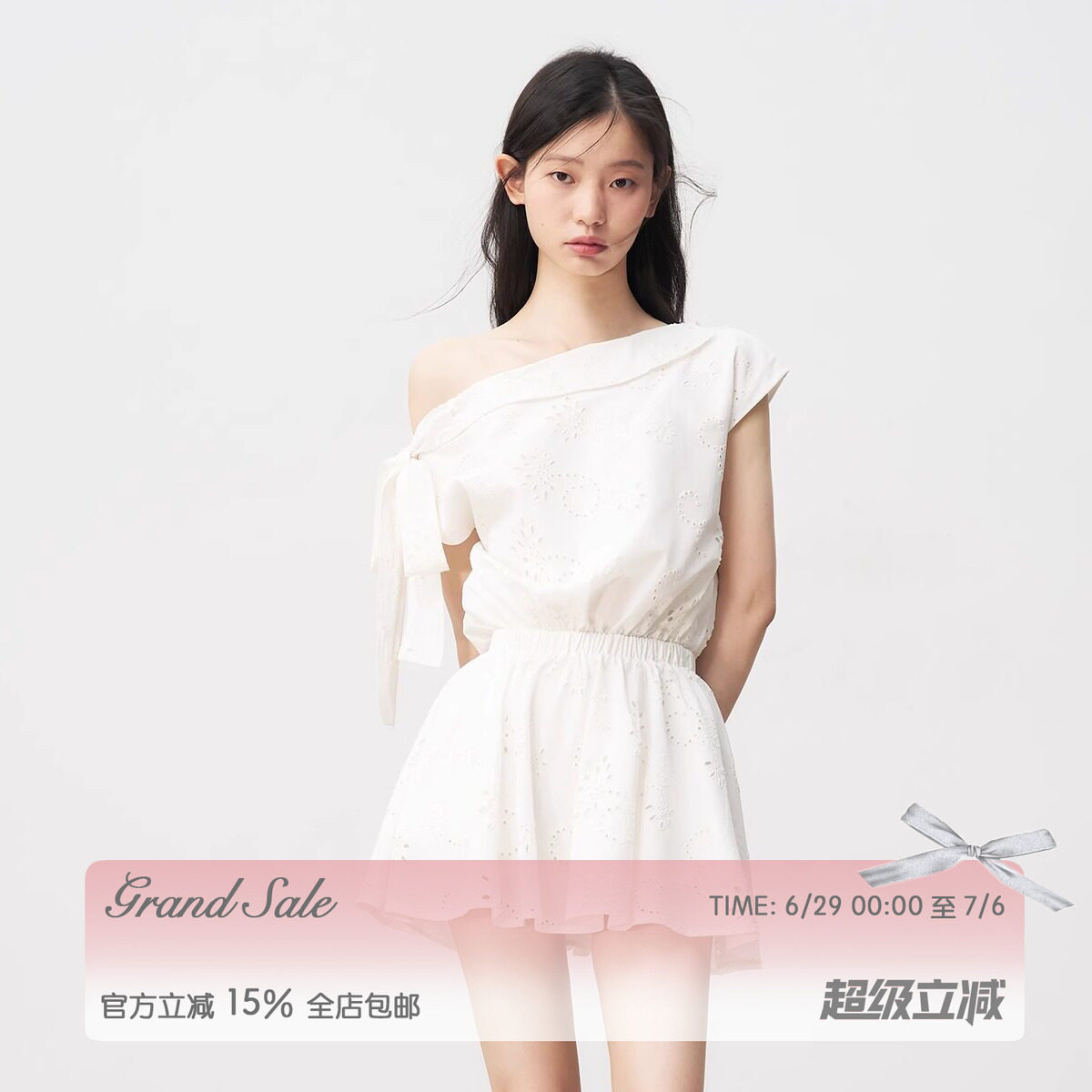 白色法式斜肩系带连衣裙