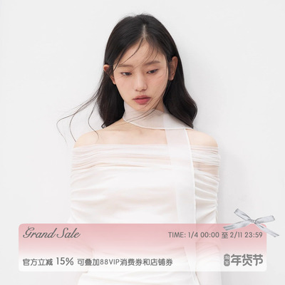 网纱假两件拼接系带修身针织上衣