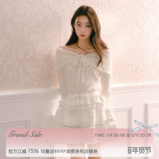 RECIT 白色镂空马海毛混纺千金感一字肩蝴蝶结修身长袖针织衫上衣