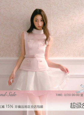 RECIT 粉色缎面撞色小高领假两件拼纱腰带收腰蓬蓬裙千金连衣裙女