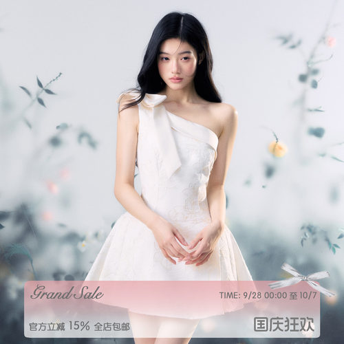 徐绿杨柳柳同款 RECIT 立体蝴蝶结斜肩连衣裙设计感收腰无袖短裙