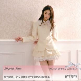 RECIT 香槟色缎面小香风套装女冬季娃娃领外套多层蓬蓬短裙两件套