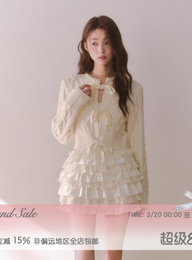 RECIT 米白色重工多层蛋糕裙半身裙女春装千金风缎面拼接蕾丝短裙