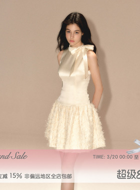 RECIT原创设计 缎面蝴蝶结系带背心连衣裙女春夏小香风无袖蓬蓬裙