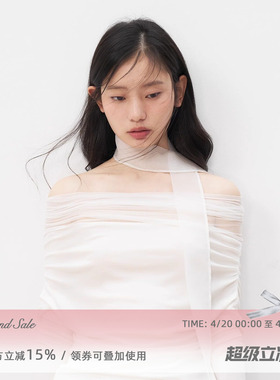 RECIT 白色弹力网纱飘带假两件一字肩上衣+蕾丝绣花半裙两件套装