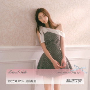 RECIT 烟灰色波点斜肩小众连衣裙女春夏蝴蝶结千金收腰蓬蓬短裙子