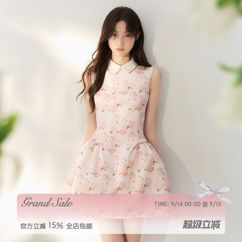 RECIT法式缎面油画玫瑰连衣裙