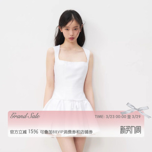 RECIT 白色缎面复古千金感U领连衣裙女春夏蝴蝶结收腰A字蓬蓬短裙