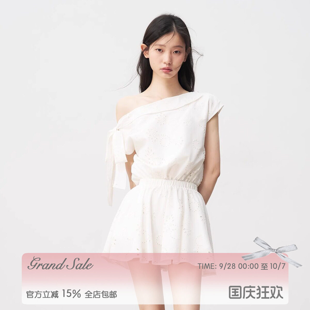 白色法式斜肩系带连衣裙