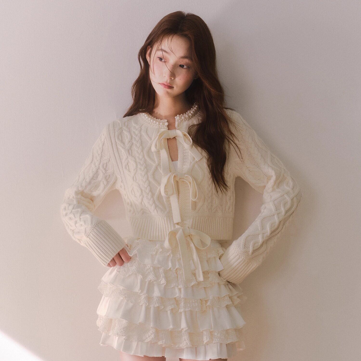 RECIT 复古钩针系带蝴蝶结针织开衫女春装手工珍珠领短款毛衣外套