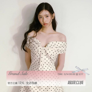 RECIT 法式复古千金风缎面波点立体蝴蝶结一字肩收腰连衣裙生日裙