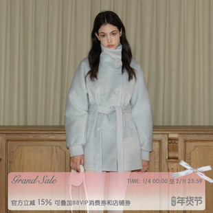 RECIT 冰川蓝立体玫瑰含羊毛呢大衣女冬季收腰系带中短款毛呢外套