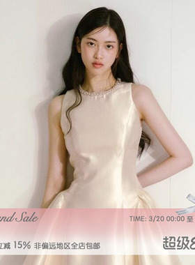 RECIT 米黄色光泽感缎面立体手工珍珠千金少女公主摆蓬蓬连衣裙女