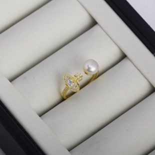 DIY珍珠配件新款S925纯银镶锆小行星克罗星戒指空托开口可调节