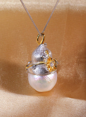 S925纯银蜜蜡项坠葫芦珍珠坠子