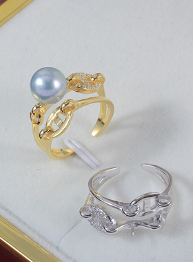 S925纯银猪鼻子微镶锆石珍珠戒指