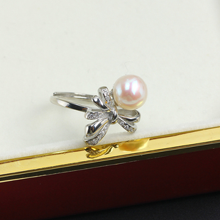 S925纯银DIY戒指 蝴蝶结珍珠戒指空托配件大气质优雅开口可调节女