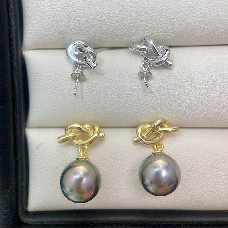 S925纯银重工设计绳结珍珠耳钉