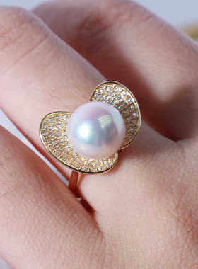 DIY珍珠配件新款S925纯银小蚌壳镶钻戒指空托时尚精致甜美可爱Y