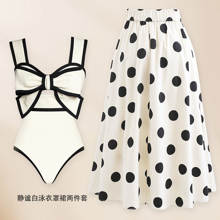复古波点蝴蝶结泳衣女罩裙套装高级度假风连体游泳装沙滩裙显瘦夏