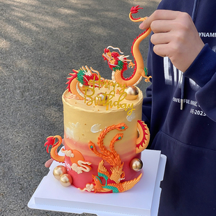 网红中国风龙年蛋糕装 饰飞龙在天龙凤呈祥生肖龙祥云凤凰摆件插件